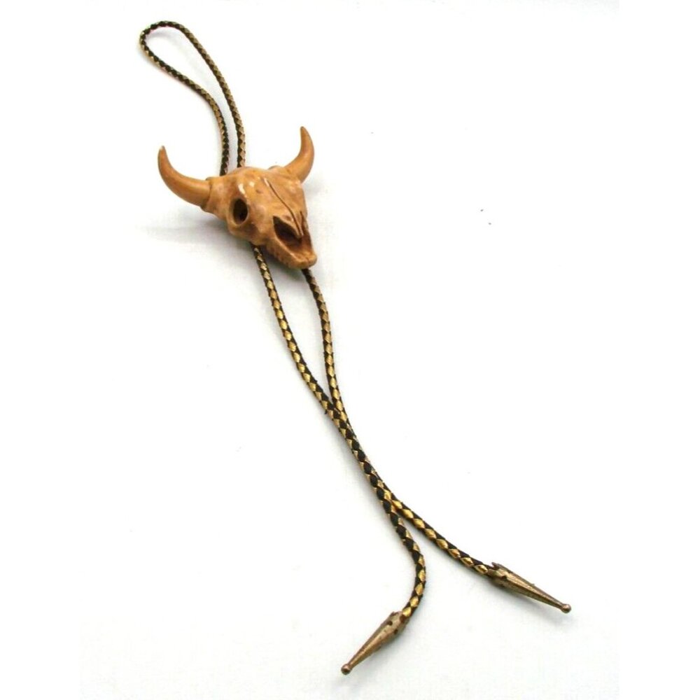 Bolo Tie Cow Skull Head Vintage Cowboy Western Gold Black Leather Braided Tips